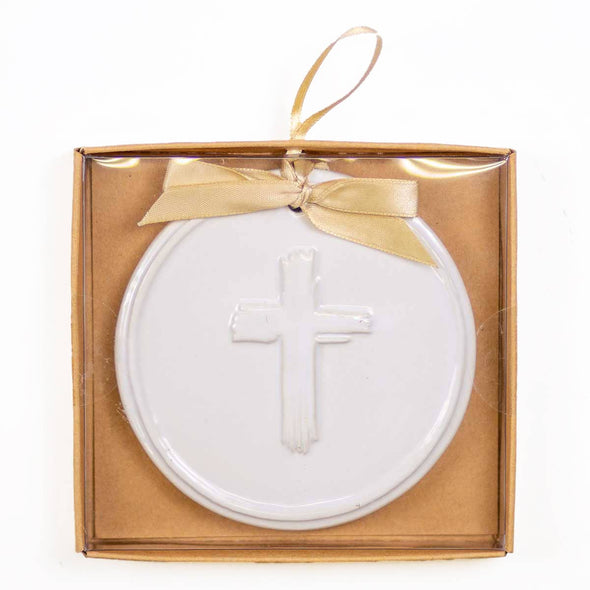 Cross Embossed Ornament   White   4"