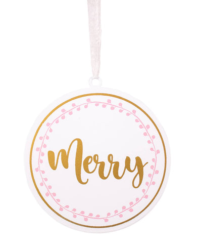 Merry Script Galvanized Ornament   Pink/Gold   4"