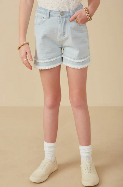 GIRLS ILLUSION HEM DENIM SHORTS