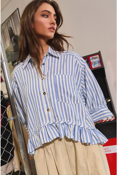 RUFFLED DETAIL STRIPED CLASSIC BUTTON-DOWN SHIRT