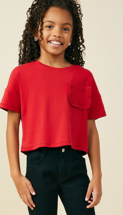 GIRLS RUFFLE POCKET KNIT TEE