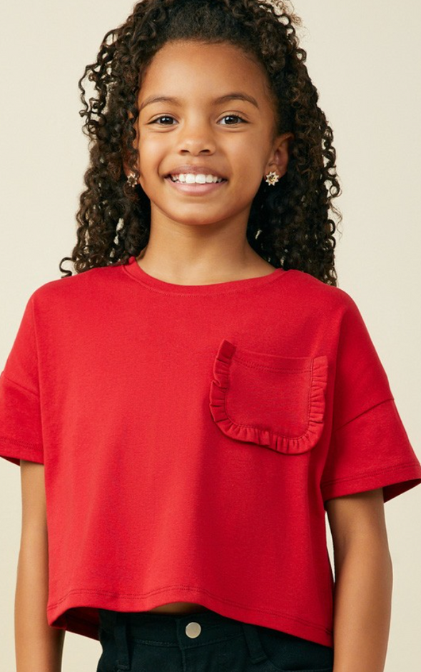 GIRLS RUFFLE POCKET KNIT TEE