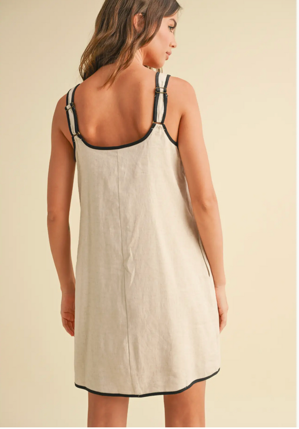 LINEN SLEEVELESS PIPING DETAIL DRESS