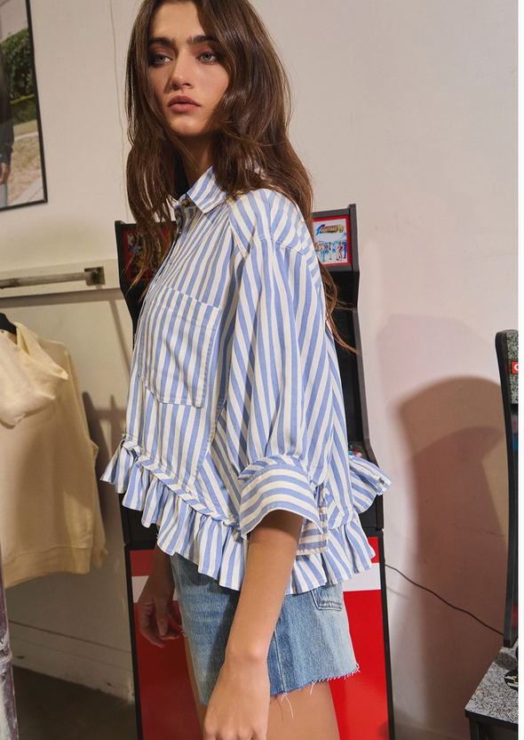RUFFLED DETAIL STRIPED CLASSIC BUTTON-DOWN SHIRT
