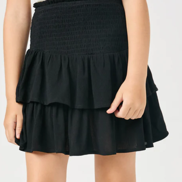 GIRLS SMOCKED RUFFLE TIER MINI SKIRT