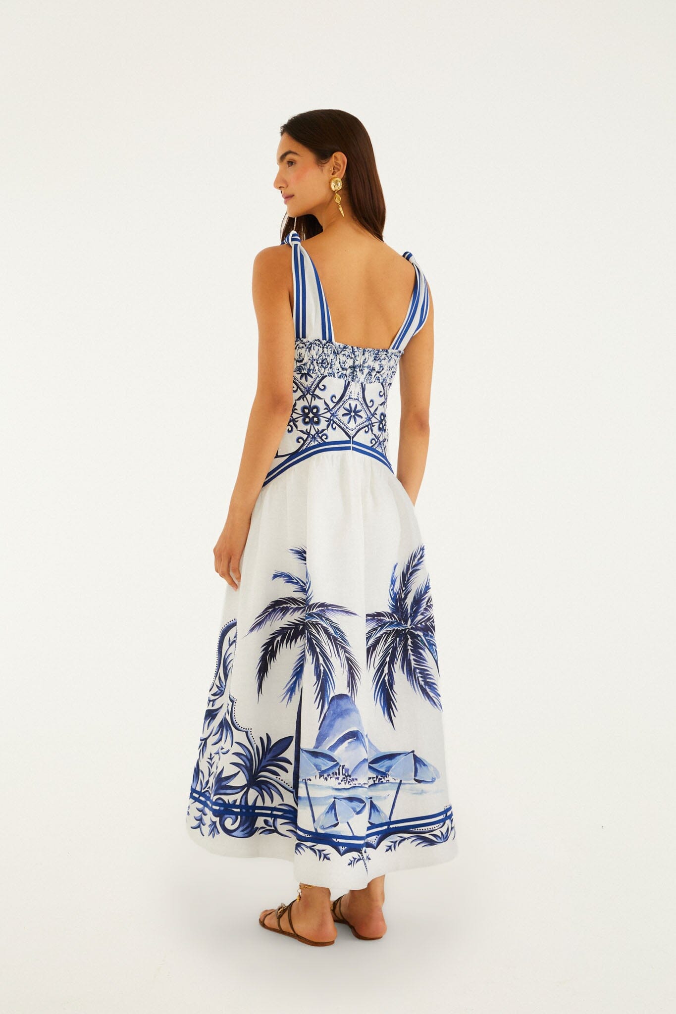 farm rio mixed white and blue prints maxi dress FARM Rio Off-White Wonderful City Euroflax Premium Linen Maxi Dress, Wonderful City MIX Off-White / S